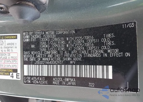 2004 Toyota Highlander z USA, uszkodzony, nr VIN JTEGD21A640082937